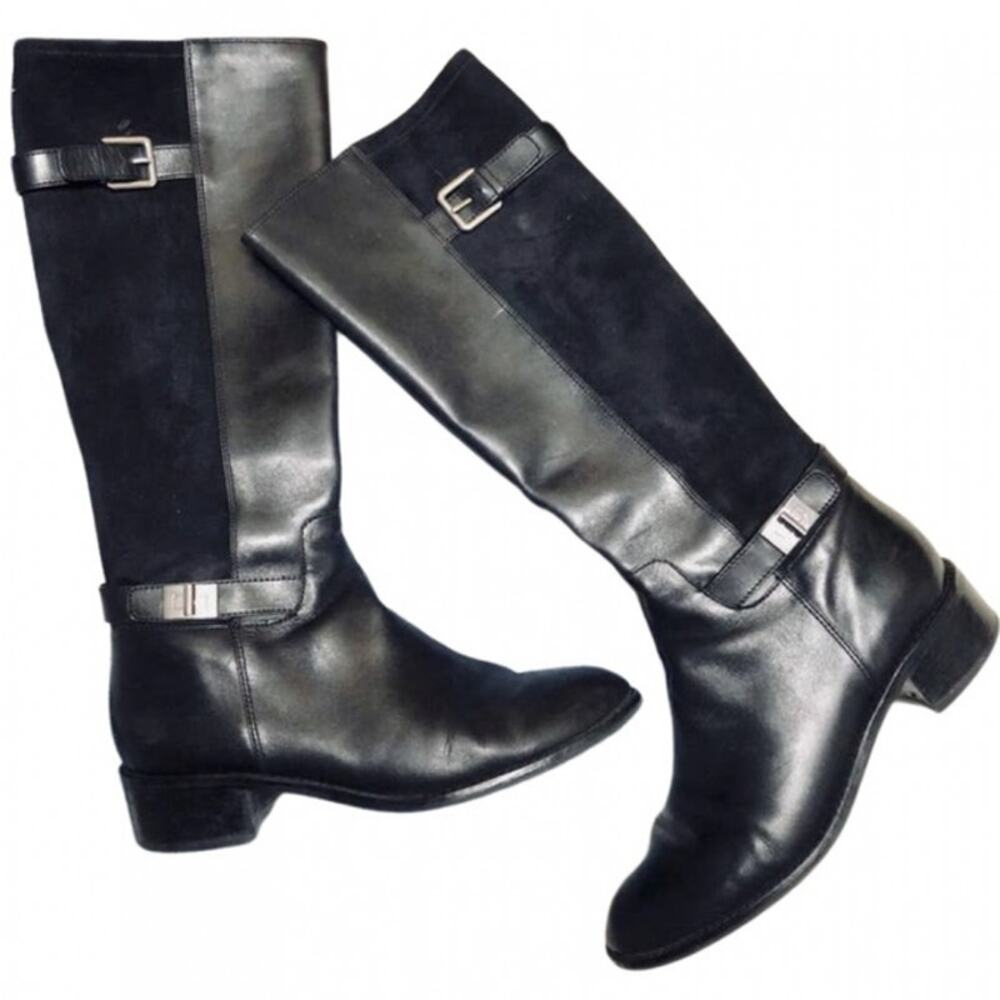 COLE HAAN Black Suede Leather Contrast Buckle Zip Knee High Riding Boots 11 Shoe